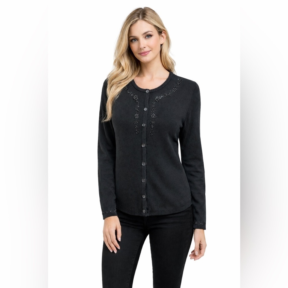 Passports Womens Beaded Cardigan Sweater Black Size Medium Embellished